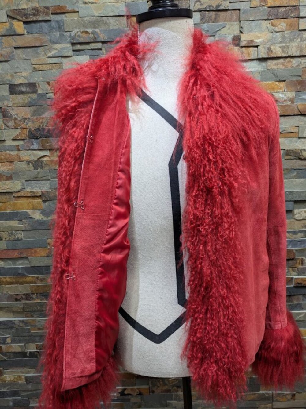 Real Red Mongolian Lamb Trimmed Suede Jacket sz Medium Afghan Penny Lane Coat - Picture 4 of 5